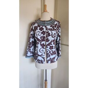 Victor Costa Occasion Pale Blue and Chocolate Brown Beaded Jacket, Sz. S, EUC